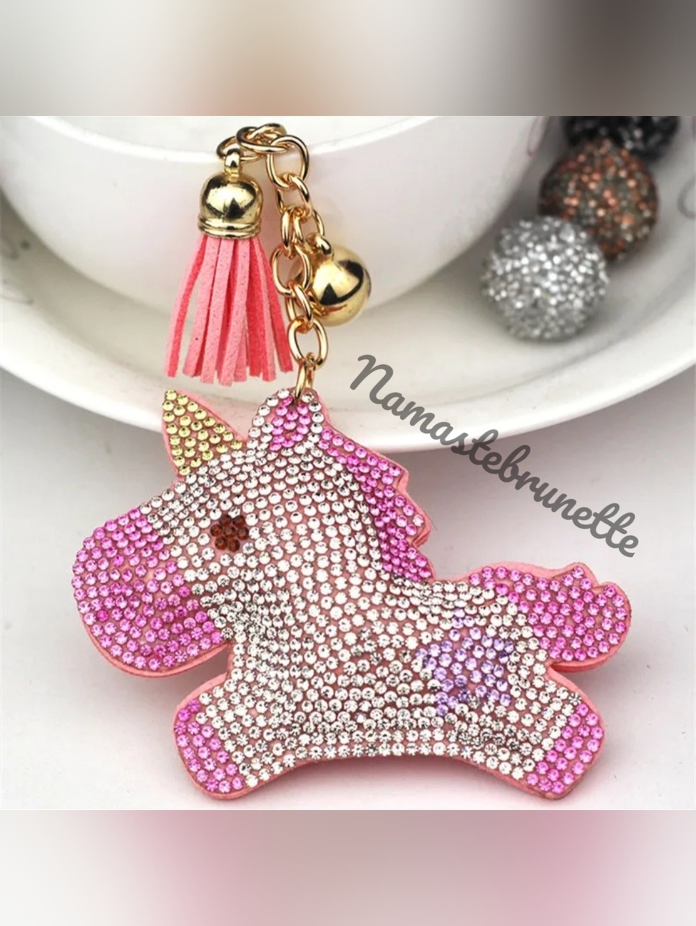 Unicorn Crystal Rhinestone Keychain Bag Charm With Blue Tassel